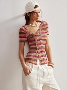 Bohemela Women's Pink Stripe Y2K Summer Boho Vacation Imitation Crochet Knitted Asymmetrical Placket T-Shirt,Bohemian Music Festival Casual Short Sleeve Top - Multicolor - View 8