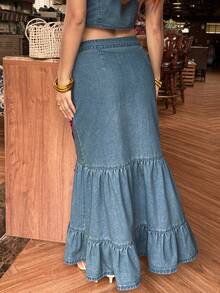 SHEIN 女士格子五角星贴花单排扣休闲牛仔裙 - 藍色 - 查看 2