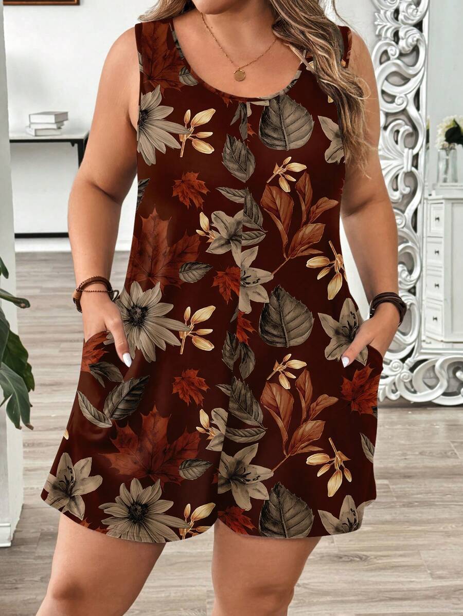 EMERY ROSE Bộ áo liền quần cỡ lớn in họa tiết lá cây phong cách thường ngày - Nhiều màu - Xem 1