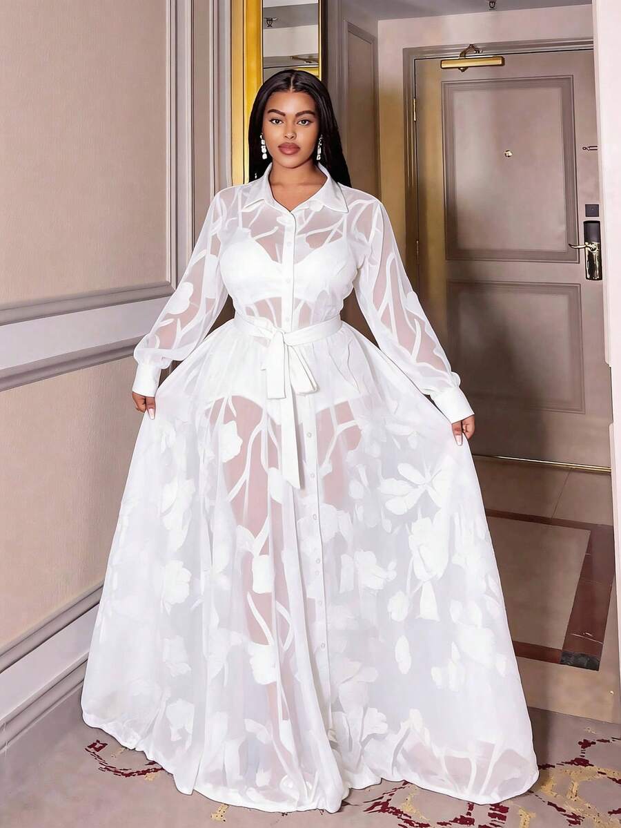 Maweii Vestido elegante de manga larga y transparente con botones delanteros para tallas grandes - Blanco - Ver 1