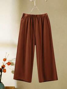 Plus Size Women's Solid Color Round Neck Short Sleeve Shirt And Wide Leg Pants Casual 2-Piece Set - Brown - View 4
