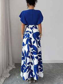 Elenzga Vestido ajustado y acampanado con mangas de campana, con patrón de hojas de color rojo burdeos elegante para mujer, primavera/verano - Azul - Ver 2