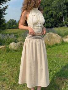 Serisse Women's Pleated Patchwork Color Casual Versatile Daily Wear Skirt - Apricot - View 8
