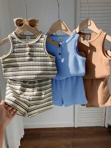 SHEIN 6件套男女宝宝休闲可爱条纹装饰纽扣背心短裤套装，夏季服装，多色 - 彩色 - 查看 3