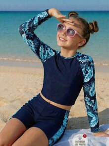 SHEIN Tween Girl Raglan Sleeve Tropical Plant Print Top And Shorts Swimwear Set - Navy Blue - View 1
