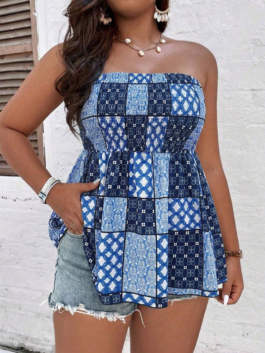 Breezaya Áo ống đi biển in họa tiết chắp vá dành cho nữ cỡ lớn - Màu xanh lam - Xem 1