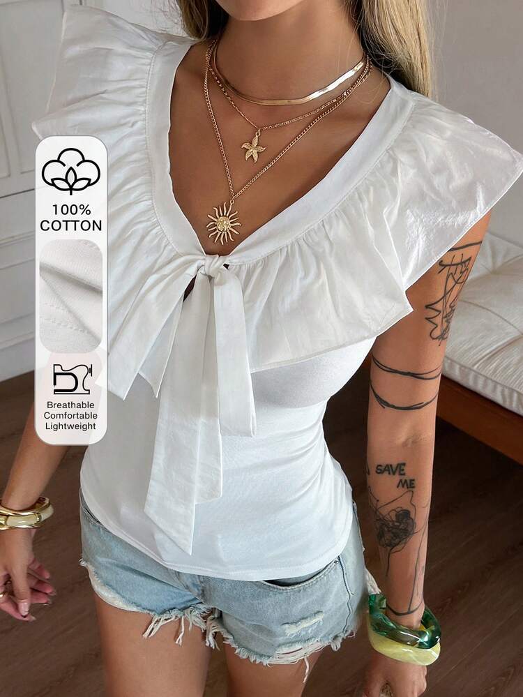 Women's Casual Fitted White Cotton Ruffle Hem Tie Front T-Shirt, Suitable For Summer Beach Holiday