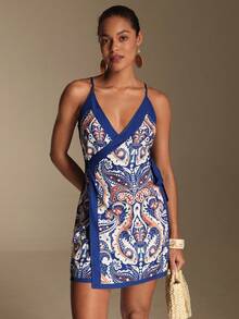 Swim Oasis Women's Printed V-Neck Tie-Up Short Dress - Multicolor - View 1