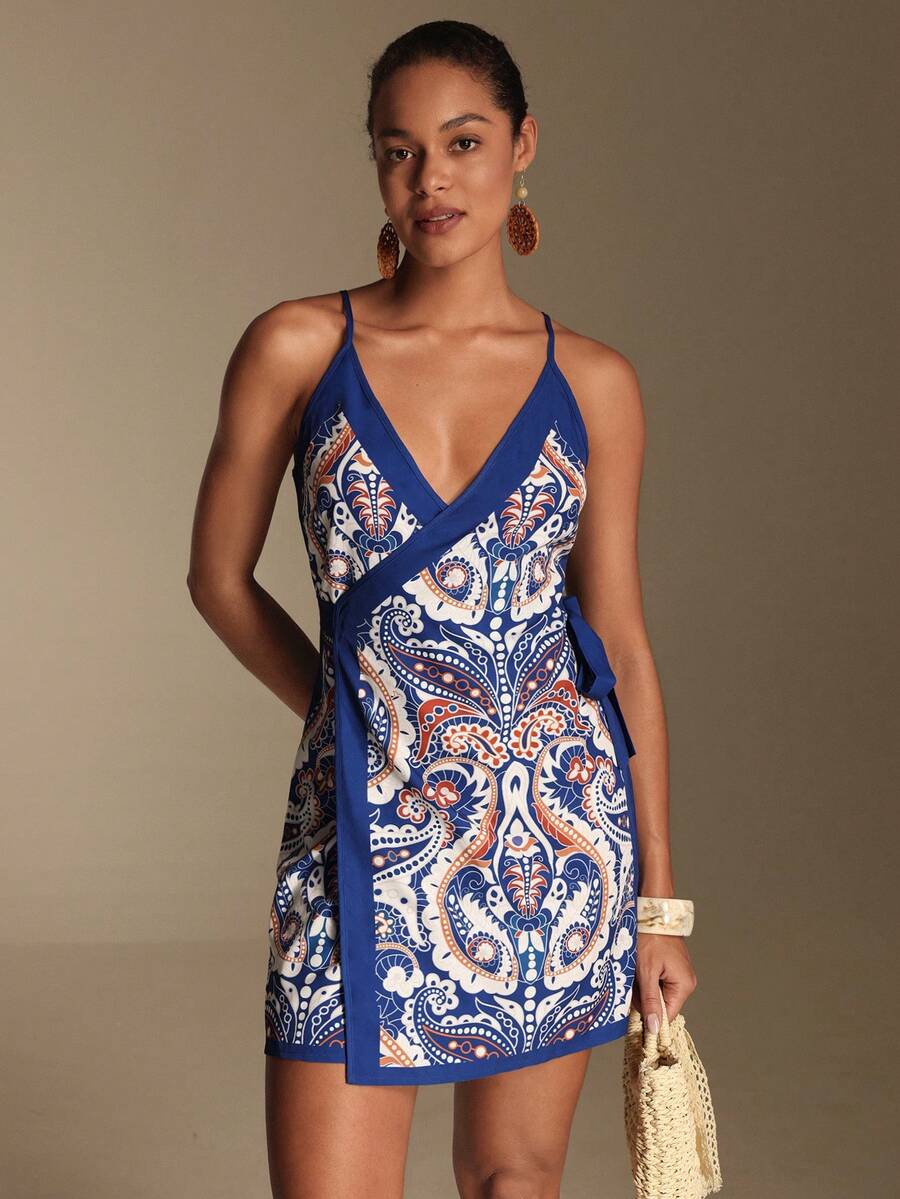 Swim Oasis Women's Printed V-Neck Tie-Up Short Dress - Multicolor - View 1