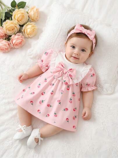 SHEIN Infant Baby Girls' Sweet Cute Doll Collar Ruffle Bow Ditsy Floral Short Sleeve Dress + Floral Bow Headband, Elegant Clothes For Girls