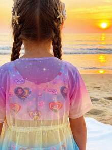 SHEIN 少女夏季时尚海滩度假可爱卡通渐变印花比基尼三件套，带抽绳轻薄罩衫 - 彩色 - 查看 7