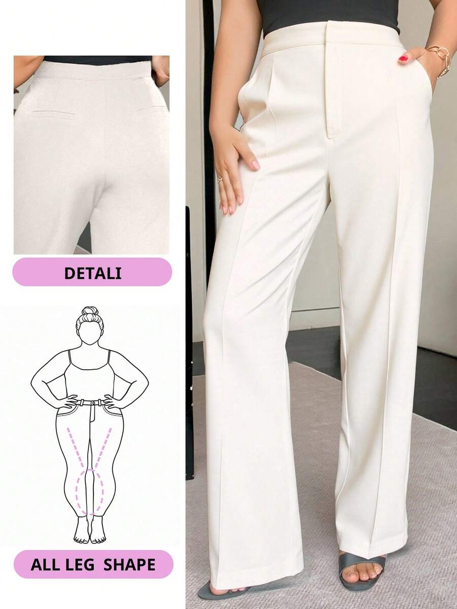 Dazy Plus 加大码纯色宽松直筒休闲黑色长裤，适合所有季节的女士正装裤秋季 - 白色 - 查看 1