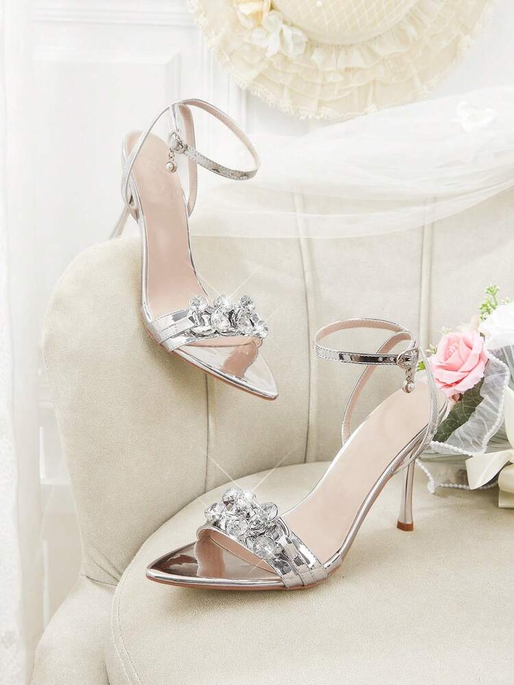 CUCCOO HITCHD Women's Rhinestone Decor Pointed Toe Buckle Design Fashion Daily Wear High Heel Sandals Summer Shoes Wedding Shoes Bride Shoes