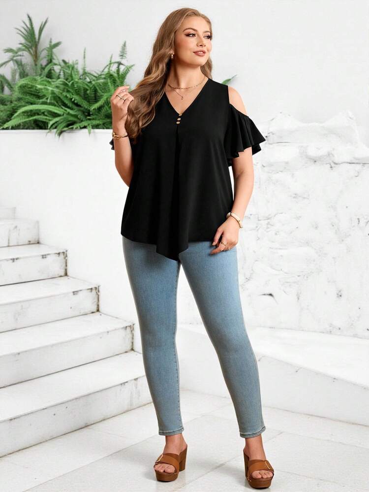 Plus Size Women's Summer Casual Vacation Solid Color Black Cold-Shoulder Ruffle Sleeve Loose Fit Basic Short Sleeve Blouse, Spring For Summer/ Vacation,Summer Holiday,Spring Break,Vacation,Holiday,Going Out,2026 New,Simple And Fashionable For Everyday Wear,Casual Vacation Boho Top,Suitable For Summer, Vacation, Commute, Daily Wear, Summer Tops