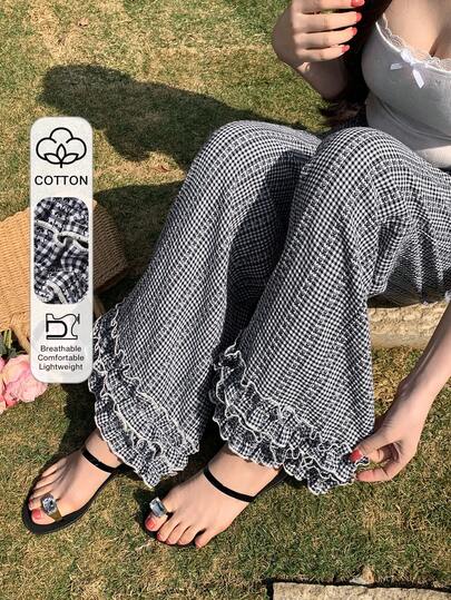 DAZY 女士宽松休闲直筒裤，格子拼接蕾丝边饰，适合春季、夏季、街头、音乐节、情人节、婚礼、海滩、波西米亚风等场合。
