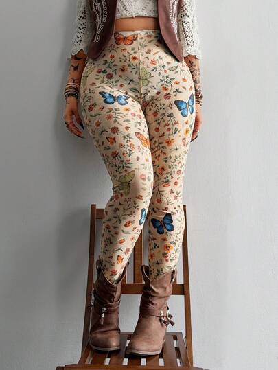 Whyspr Plus Size Punk Sheer Sexy Butterfly Print Leggings, Suitable For Spring/Summer Vacation