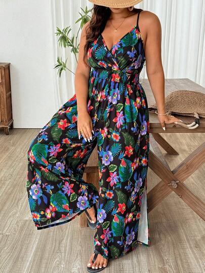 Cravure 热带印花加大码连体裤，度假风