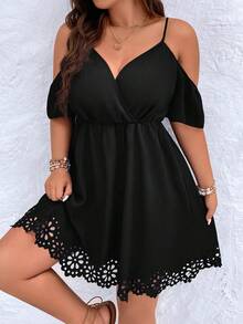 Breezaya Pure Plus Size Fashionable Solid Color Cold Shoulder Hollow-Out Dress - Black - View 5