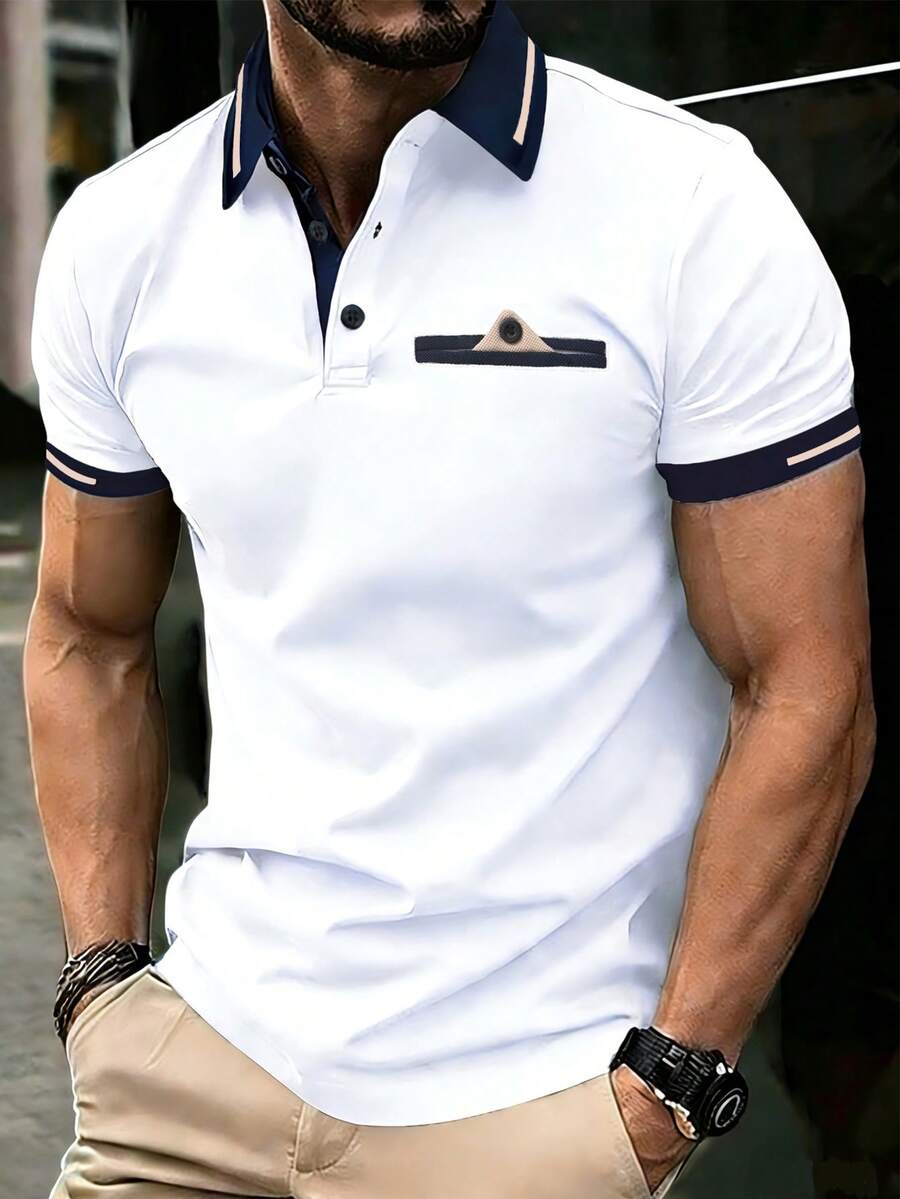 Manfinity Homme 男士半開襟插肩袖短袖休閒 Polo 衫,夏季,正式 - 白色 - 查看 1