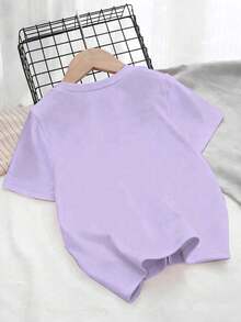 Tween Girl Letter & Cartoon Print Round Neck Pullover T-Shirt - Mauve Purple - View 5