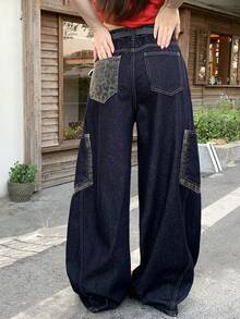 Women's Regular Waist Leopard Print Patchwork Pocket Decor Loose Straight Leg Casual Jeans - Dark Wash - View 2