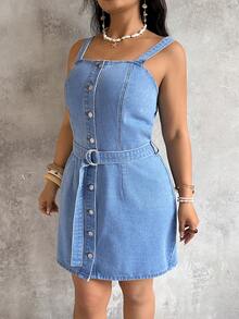 Sunnyshic Summer New Sleeveless Button-Up Denim Dress - Blue - View 3