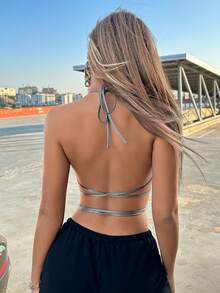 SHEIN X Doris Jocelyn SHEIN ICON Cà vạt chéo hở lưng bằng da PU Dây buộc dây màu bạc - Bạc - Xem 5
