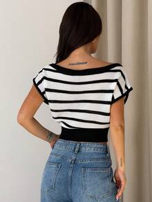 Firerie Women's Striped Asymmetric-Shoulder Short Sleeve Cropped Knit Top - Black - View 2