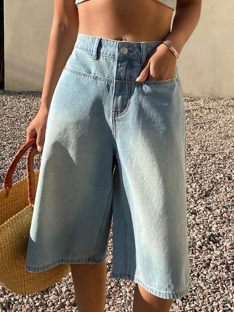 Women's High Waist Pocket Wide Leg Loose Casual Denim Shorts Jorts Summer