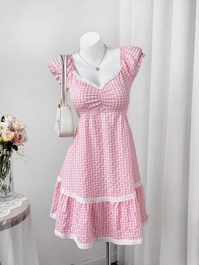 Sweetra Nuevo vestido de verano de moda, dulce, de cuadros rosas, con escote en V, parche de encaje y manga corta