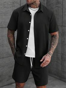 Manfinity Homme 男士休闲纯色纹理短袖衬衫短裤两件套 男士夏季服装 男士沙滩装 男士上衣 男士衬衫 男士衬衫 男士两件套 夏季男装 男士两件套 短裤套装 男士夏季服装 男士短裤套装 男士衬衫 休闲男士短裤套装 男士两件套短裤套装 男士衬衫短裤套装 假日 - 黑色 - 查看 6