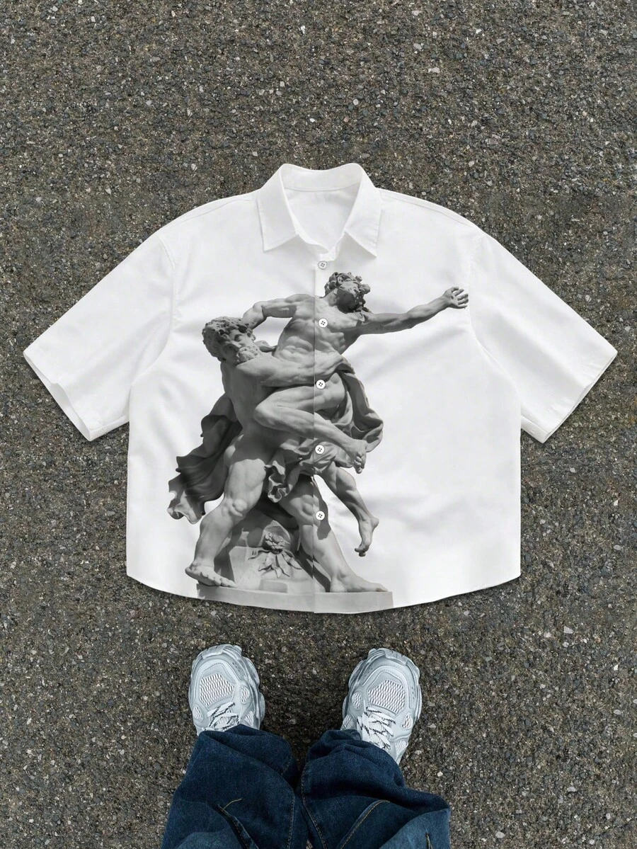 Manfinity EMRG Button-Up Boxy Oversized Shirt Streetwear Cleanfit Men's Minimalist Printed Short Sleeve Casual Shirt Summer Clothes  New Ss26 Fashion  Summer Top Shirts For Woman  White Blouse  Tops For Going Out - Multicolor - View 1