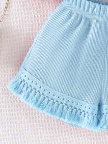 SHEIN Vintaside Kids 2件套女童钩针华夫格背心配荷叶边短裤，碎花图案，绿色，清爽夏季休闲度假装，活泼可爱 - 藍色 - 查看 8