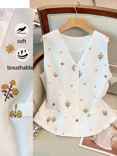 GlowEve CURVE Plus Size Women's Summer Comfortable Linen Faux Embroidery Print Single-Breasted Sleeveless Vest Sleeveless Blouse Tops For Women Elegant Embroidered Tops For Women Flower Top Business Casual Women Tops