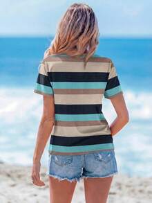 Sylviya Áo thun nữ tay ngắn cổ tròn dáng rộng, kẻ sọc, thích hợp cho mùa hè. Áo thun kẻ sọc nữ mùa hè, kiểu dáng thường ngày. - Nhiều màu - Xem 2