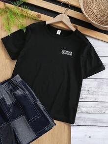 Camiseta casual de niño con estampado de letras en inglés, adecuada para salidas diarias - Negro - Ver 2