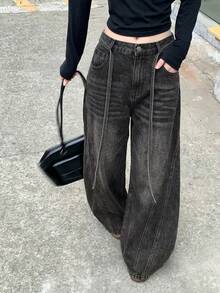 DAZY Quần jeans nữ denim buộc dây, kiểu dáng thường ngày, màu bạc, thích hợp cho phong cách đường phố mùa thu/đông. - Màu Xám nhạt - Xem 6