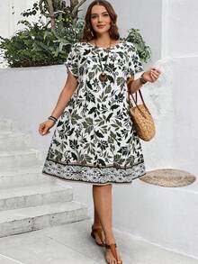 Rosumi 大码圆领短袖全印花休闲宽松迷你连衣裙 - 彩色 - 查看 7