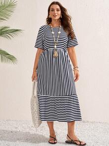 Miaspire Robe midi d'été décontractée pour femmes grandes tailles, à rayures et patchwork, manches courtes - Bleu marine - Voir 6