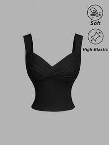 SHEIN MOD Áo hai dây dệt kim xếp ly màu trơn thời trang dành cho nữ - màu đen - Xem 3
