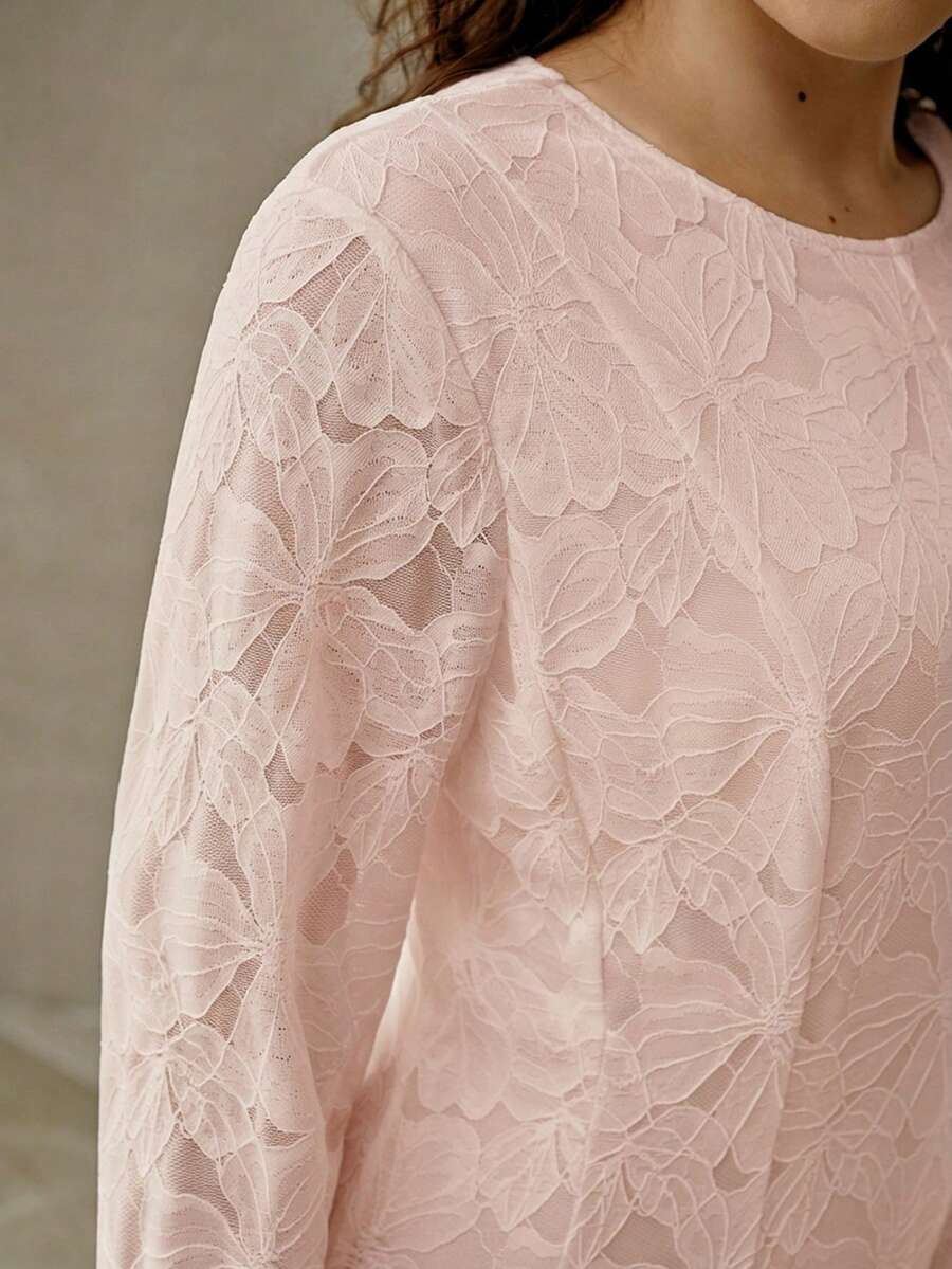 MOTF PREMIUM PLUS SIZE WOMEN'S SPRING LACE ELASTIC LONG SLEEVE DRESS - Pink - View 2