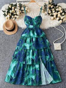 Rometta Robe de cocktail élégante à taille froncée et imprimé tout-sur-tout pour femmes grandes tailles - Vert - Voir 8