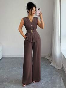 Elenzga 一件纯色纽扣前开襟马甲西装外套和一条裤子 - 棕色 - 查看 3