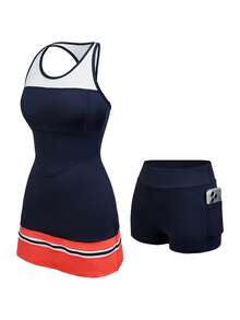 Cheerettes Vestido deportivo de mujer con espalda de tirantes de contraste y shorts - Azul - Ver 12