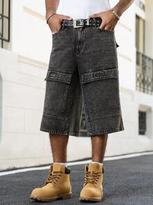 Manfinity EMRG Men's Casual Street Style Multi-Pocket Cargo Denim Shorts, Dark Grey - Dark Grey - View 5