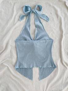 Soleia 大码女式夏季度假纯色前扭结露背不对称下摆上衣 - 淺藍色 - 查看 3