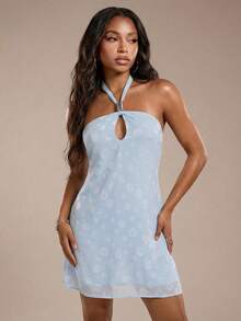 Avantive Women's Blue Polka Dot Halter Neck Sleeveless A-Line Short Dress,Summer Boho Holiday Boat Trip Beach Outfit,Baby Blue Pastel 2000s Elegant Party Dress - Blue - View 9