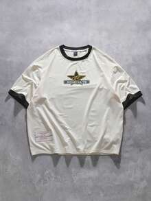 ROMWE MEN 男士休闲圆领撞色滚边短袖T恤，夏季 - 杏色 - 查看 1