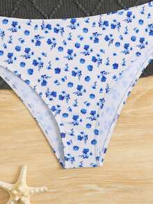 SHEIN 两件套少女格子碎花弹力速干舒适针织面料连体泳衣，蓝色格子碎花拼接两件式泳衣，新款夏季款式，亲肤速干，系带抹胸设计，高腰全包臀贴合，时尚海滩度假/泳池装扮 - 彩色 - 查看 3