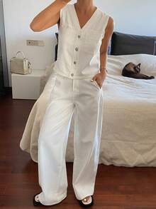 DAZY Conjunto casual de mujer con chaleco de mezclilla de frente abierto, ajustado y sin mangas, y pantalones vaqueros rectos y sueltos - Blanco - Ver 3